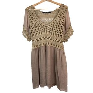 Dance in Paris Women's M Tan Crochet Lace Scoop Neck Mini Boho Dress